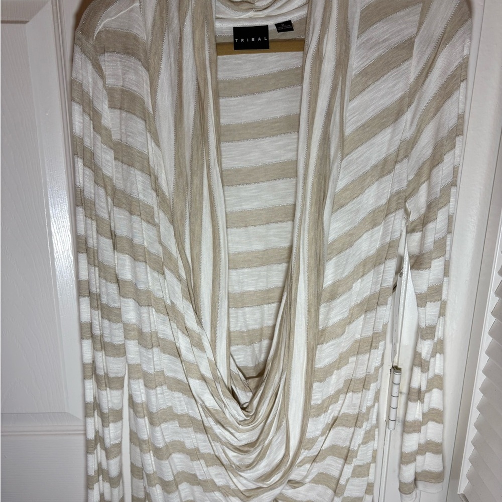 Tribal Cream and Tan Cowl Neck Sweater with Organic Stripes NWOT